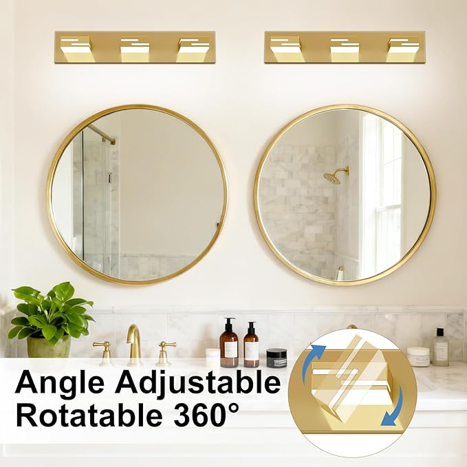 LED Modern Bathroom Vanity Light Fixtures, 3-Light 22-inch Dimmable Gold Vanity Lights for Bathroom Lighting Fixtures Over Mirror, with 360° Rotatable Heads (Cool White 6000K)