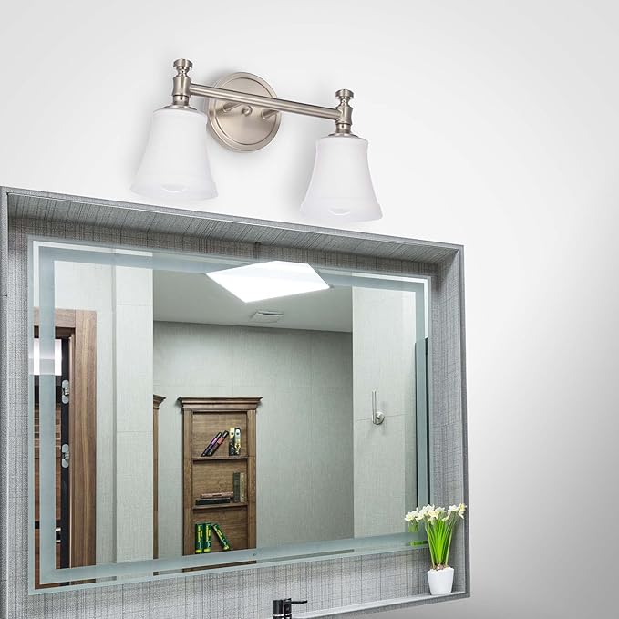 Bathroom Vanity Light Fixtures, Traditional Brushed Nickel 2 Lights Wall Sconce Lighting with Opal Glass Shade, Porch Wall Mount Light Fixture for Bathroom, Mirror Cabinets Hallway Stairs