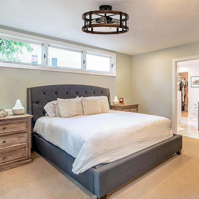 Semi Flush Mount Ceiling Light Fixture, Modern Farmhouse Wood Drum Ceiling Lamp, Rustic Close to Ceiling Lighting for Hallway Entryway Laundry Room Bedroom (Bulb Not Included)