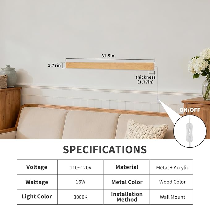 Modern Plug in Long Wall Sconce, 31.4 inch Faux Wood Texture Finish LED Wall Lights, 16W Warm White 3000K Acrylic Indoor Wall lamp, with 59" Plug Cable for Bedroom, Living Room, Hallway