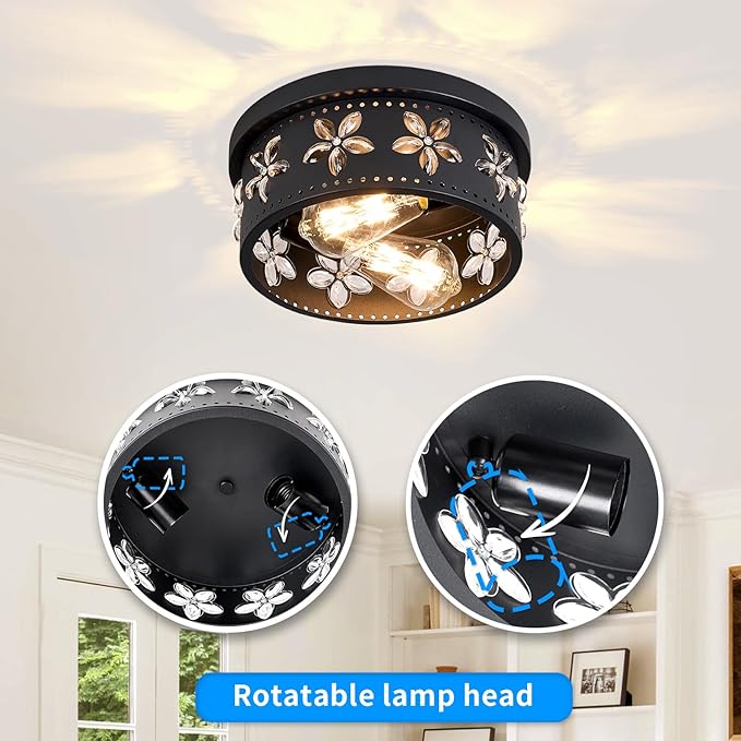 10.6 inch Black Flush Mount Ceiling Light Fixtures, 2-Light Ceiling Mount for Industrial, Crystal Light Fixtures for Farmhouse, Bedroom, Living Room, Kitchen, Hallway and Foyer (2 Pack)