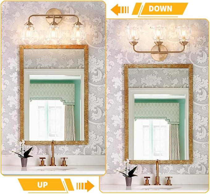 Daunton 3-Light Bathroom Vanity Light Gold, Vintage Vanity Light Fixtures Over Mirror, Brass Bathroom Light with Flower Glass Shade, Art Deco Wall Sconce Lighting for Bedroom, Living Room