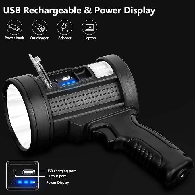 MIXILIN Rechargeable Spotlight, 2,000,000 Lumens Handheld Hunting Flashlight Led Spot Light with Cob Light and Solar Panels, Lightweight and Super Bright Spotlight for Hunting Boating Camping