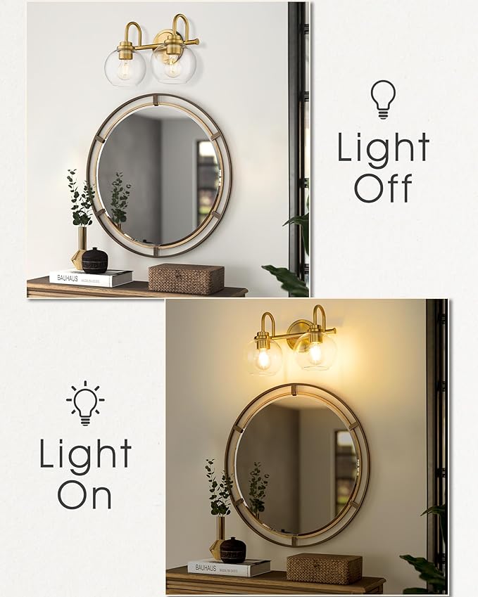 Bathroom Light Fixtures, 2-Light Brushed Gold Vanity Lights with Globe Clear Glass, Champagne Bronze Vanity Lighting Fixtures Over Mirror, AD-22280-2W-GD