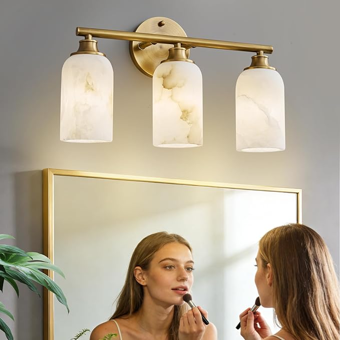3-Light Brass Bathroom Vanity Light, 16.9 Inch Wall Sconce with Natural Marble Shades, 3-Color LED Bulbs Included, E26 Hardwired for Mirror