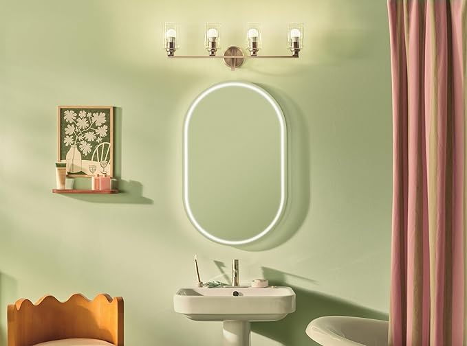 Kichler Gioe 32.25 in 4-Light Bathroom Vanity Light Fixture with Clear Fluted Glass in Champagne Bronze, Damp Rated for Mirror, Powder Room (32.25 in W x 10.5 in H), 55227CPZFLU