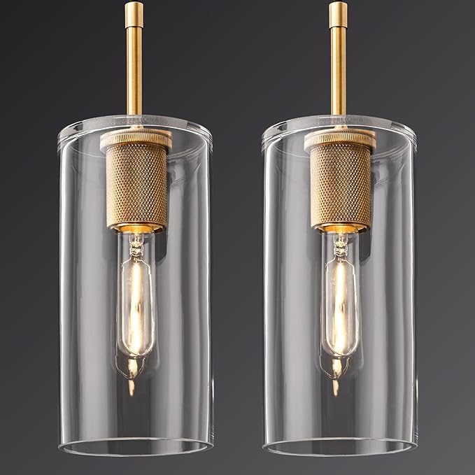 Brass Pendant Lights Kitchen Island 2 Set Modern Glass Pendant Light Fixtures, 9.5'' Farmhouse Gold Pendant Light Fixtures, Indoor Chandelier for Bathroom, Bar Included Bulb