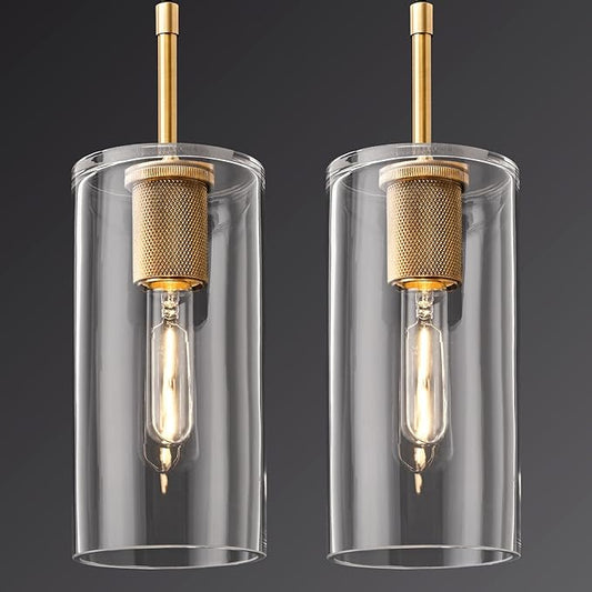 Brass Pendant Lights Kitchen Island 2 Set Modern Glass Pendant Light Fixtures, 9.5'' Farmhouse Gold Pendant Light Fixtures, Indoor Chandelier for Bathroom, Bar Included Bulb