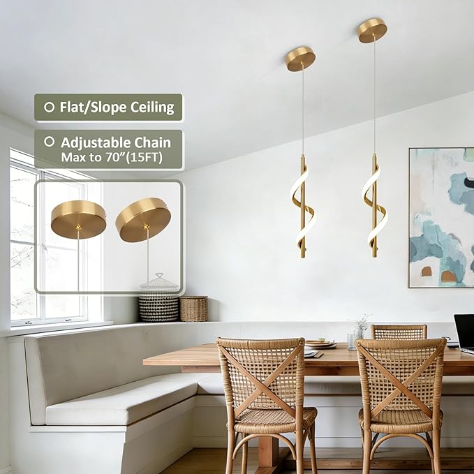 CANEOE Gold Modern Led Pendant Light,3000K-6000K Dimmbale Spiral Led Pendant Lamp, Adjustable Height Hanging Pendant Light Fixture for Dining Room Bedroom Kitchen Sink, 1 Pack