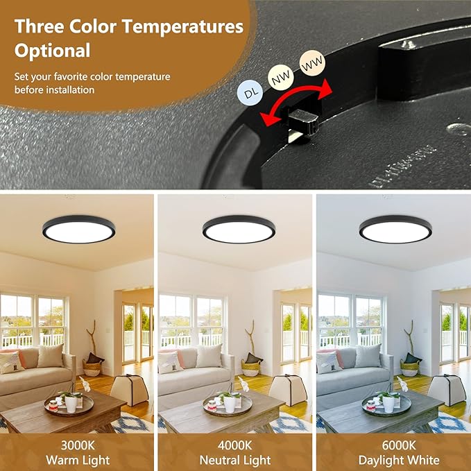 20 Inch Large LED Flush Mount Ceiling Light, 40W,4350LM, 3000K/4000K/6000K CCT Selectable, 0.98inch Super Slim Low Profile Round Flat Panel Light for Bedroom,Kitchen,Hallway(Black)