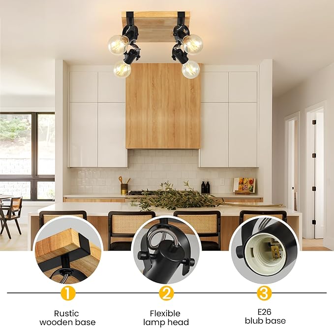 SEEBLEN Farmhouse Wooden Flush Mount Ceiling Lamp,4-Light Directional Ceiling Spotlight Track Light Kits,Rustic Farmhouse Kitchen Light Fixtures for Kitchen Bathroom Bedroom Hallway.