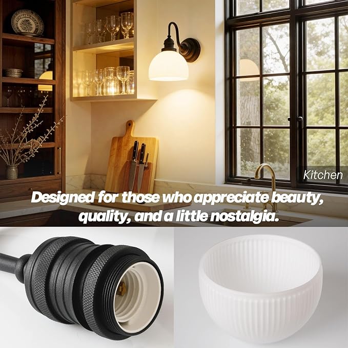 Vintage Wall Sconce Light, Black Bathroom Vanity Light with Striped Bowl Milk Glass Farmhouse Hardwire Wall Mounted Lamp for Bathroom Mirror Living Room Bedroom Kitchen E26 Indoor