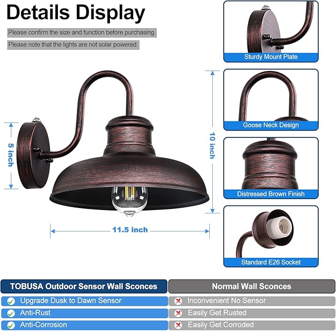 TOBUSA 2-Pack Dusk to Dawn Outdoor Wall Lights, Waterproof Farmhouse Gooseneck Barn Lights, 11.5'' Distressed Brown Outside Wall Sconces for House, Porch, Garage
