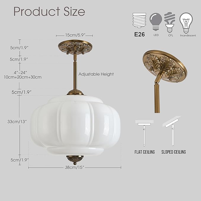 Milk Glass Ceiling Light Fixture, 15" Vintage Semi Flush Mount Pendant Light with Antique Brass Finish, Schoolhouse Light Fixture - Antique Chandelier for Kitchen, Hallway, Dining Room