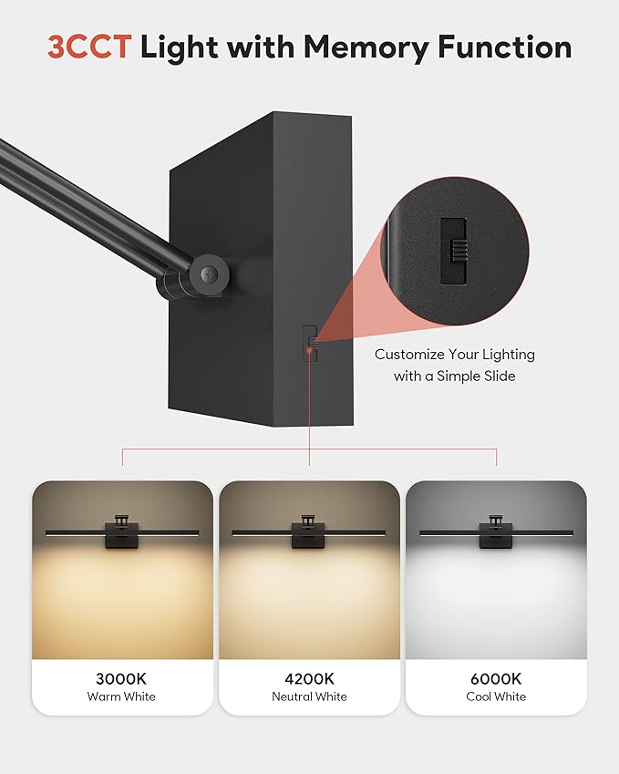 VONLUCE 24" LED Bathroom Vanity Light, 3CCT Modern Vanity Lights with 360° Rotatable Head & Swing Arm, 10.3W Bathroom Light Fixture Over Mirror, LED Lights for Bathroom Bedroom, Matte Black