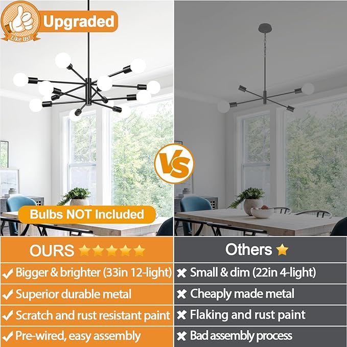 33" Modern Chandelier Ceiling Light Fixture, 12-Light Sputnik Chandeliers Matte Black Mid Century Chandelier Over Table, Height Adjustable Chandeliers for Dining Room Living Room (Bulbs Not Included)