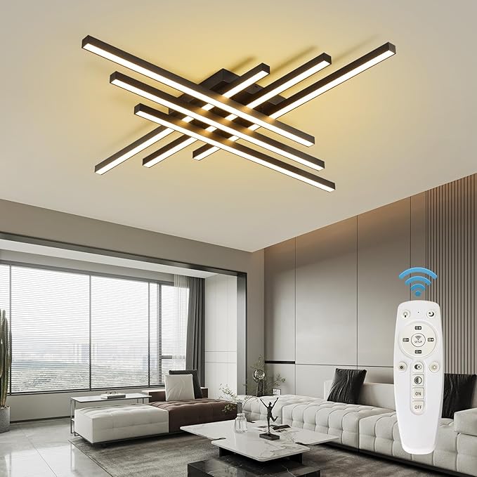Modern LED Ceiling Lights 43.3" Black Flush Mount Ceiling Light Fixture Sputnik Dimmable Ceiling Lights with Remote Control for Bedroom Living Room Kitchen Room(6 Lights)