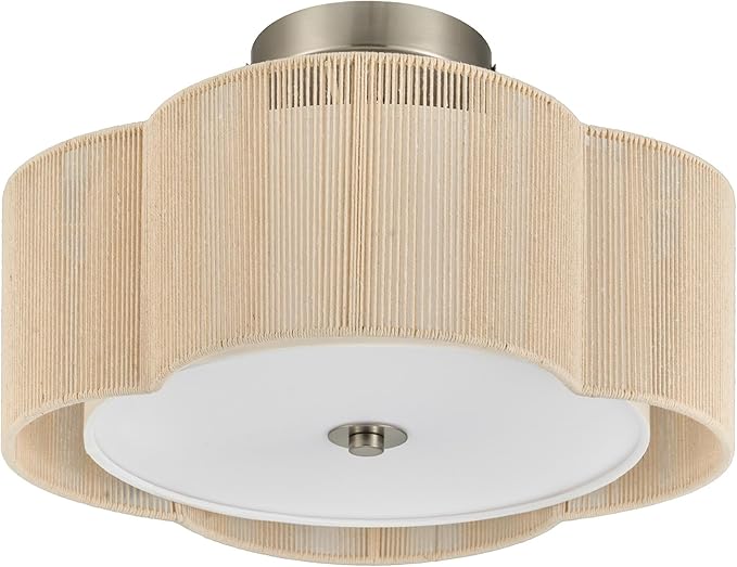 VONLUCE Semi-Flush Mount Boho Ceiling Light, 14" 4-Light Rattan Ceiling Light Fixture with 2 Tier Rattan Fabric Clover Shade, Lighting for Bedroom Dining Living Room, Nickel Finish, ETL Certificated