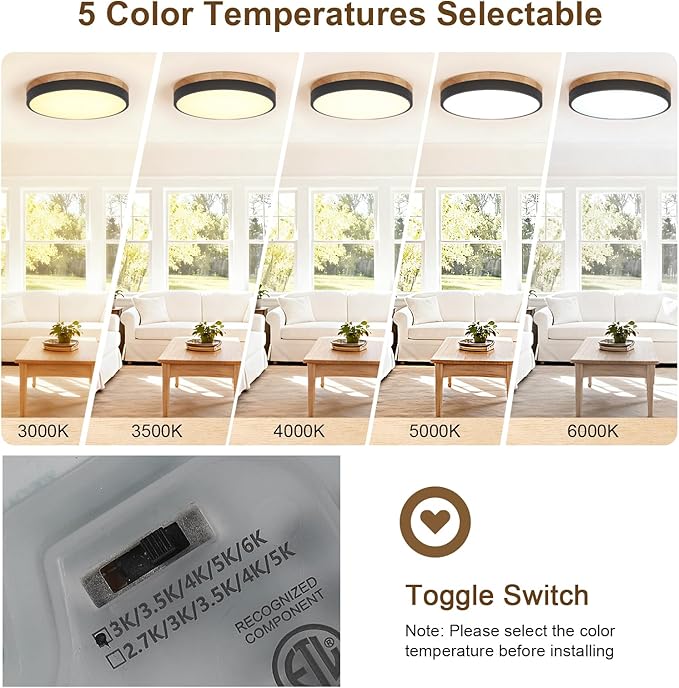 15.8 inch Wood LED Flush Mount Ceiling Light Fixture,42W 4200LM,3000K/3500K/4000K/5000K/6000K CCT Selectable,Close to Ceiling Dimmable Round Flat Panel Light for Bedroom,Hallway,Kitchen,Black