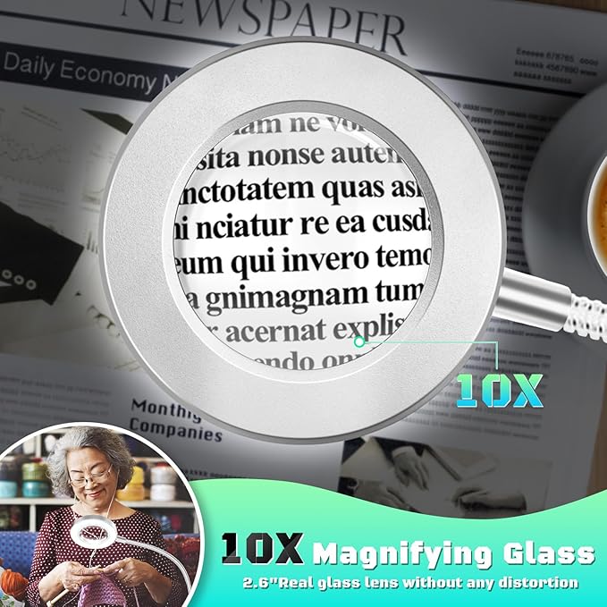 10X Magnifying Glass with Light, Clip on Mganifier with Light, 48 LED Desk Lmap Magnifying Glass wtih Clamp, 3 Modes Dimmable LED Lamps for Bed Work Crafts DIY Repair Gray