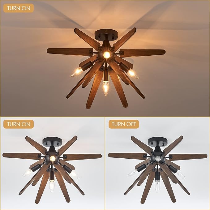 4-Light Sputnik Semi Flush Mount Light Black, Wood Hallway Lights, Farmhouse Light Fixture for Kitchen, Rustic Close to Ceiling Light Fixture for Entryway Laundry Nursery Bedroom