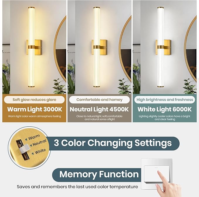 Modern Gold LED Wall Sconce with 3 Color Temperatures, Slim Vertical Linear Wall Light for Bedroom Bedside Living Room Staircase Bathroom