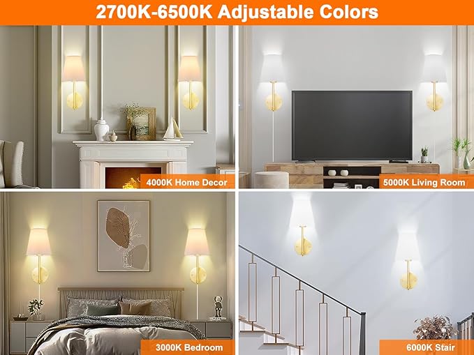 Wall Sconces Set of Two with Remote Control, Dimmable, Adjustable Colors 2700-6500K, Plug in Wall Sconces with White Fabric Shades, Plug in Wall Light, Gold