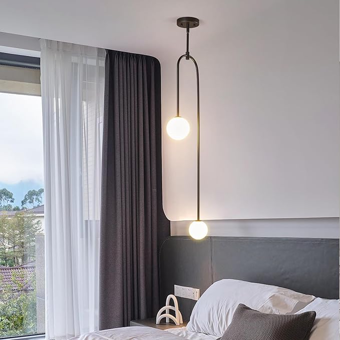 Modern Milk Glass Pendant Light 2 Light Mid Century Chandelier Small Glass Globe Black Pendant Lights for Kitchen Island Bedroom Dining (2 Pack)