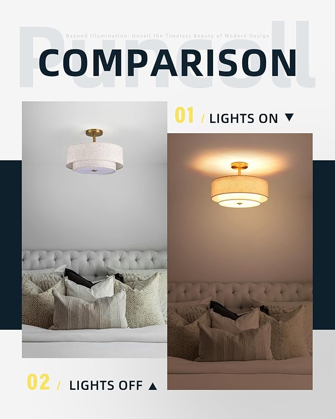 15.7 inch Modern Ceiling Light, Double Fabric Ceiling Lamp, 3 Light Gold Semi-Flush Mount Ceiling Lights, Round Ceiling Light Fixture for Bedroom, Kitchen, Dining Room, Hallway，Living Room
