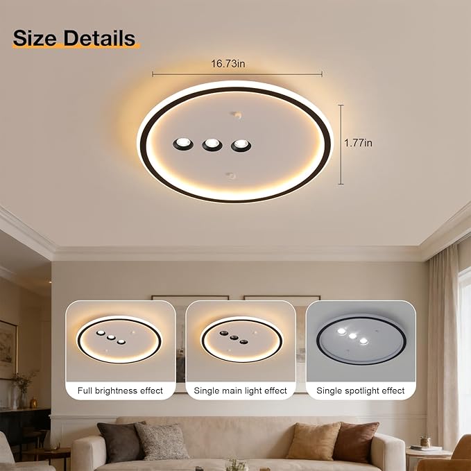Modern Round LED Flush Mount Ceiling Light with Black Finish & 3 Adjustable Spotlights, Dimmable Soft Glow Ceiling Lighting for Living Room Bedroom Hallway