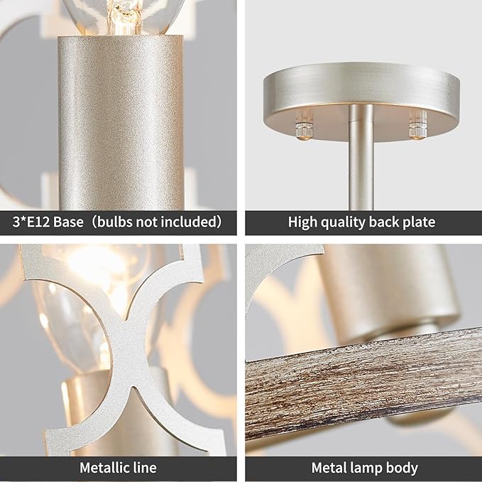 WUZUPS Chandelier 3-Light Vintage Farmhouse Semi-Flush Mount Ceiling Light Lighting Fixture for Foyer Bedroom Hallway Storage Room Kitchen Bathroom, H 9.8" x W 12.4", E12 Base, Nickel & Wood Imitaion