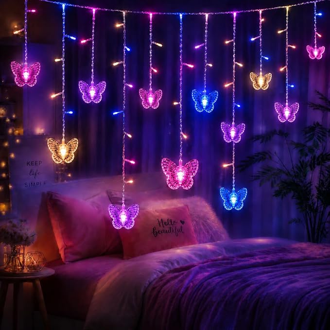 Butterfly Curtain Fairy Lights USB Plug in,8 Modes 120 LED 19.7FT Firefly Twinkle Timer String Lights with Remote, Waterproof Copper Wire for Bedroom Patio Christmas Wedding Party (Multi-new)