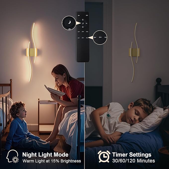 KARTOOSH Battery Operated Wall Sconces Set of Two with Remote Control, Dimmable/3 Colors/Night-Light/Timer/Memory, Gold Modern Wireless LED Sconce for Living Room, Hallway, Bedroom, 31.4 Inch (2 Pack)