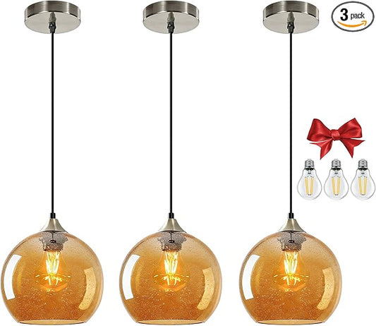 7.1in Medium Amber Glass Pendant Light for Kitchen Island, 3-Pack with Extra LED Bulbs & 4.92ft Adjustable Cord | Modern Minimalist Lighting for Dining Room, Living Room, Entryway