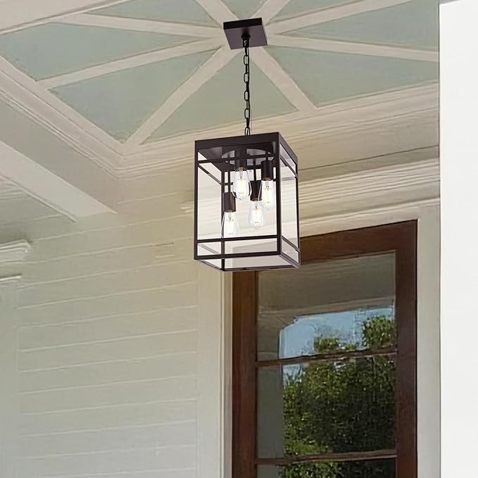 Large Outdoor Pendant Light for Porch, Oil Rubbed Bronze Outdoor Hanging Light Fixture with Clear Glass Shade, Exterior Linear Chandelier Hanging Lantern for Outside Patio,Front Door