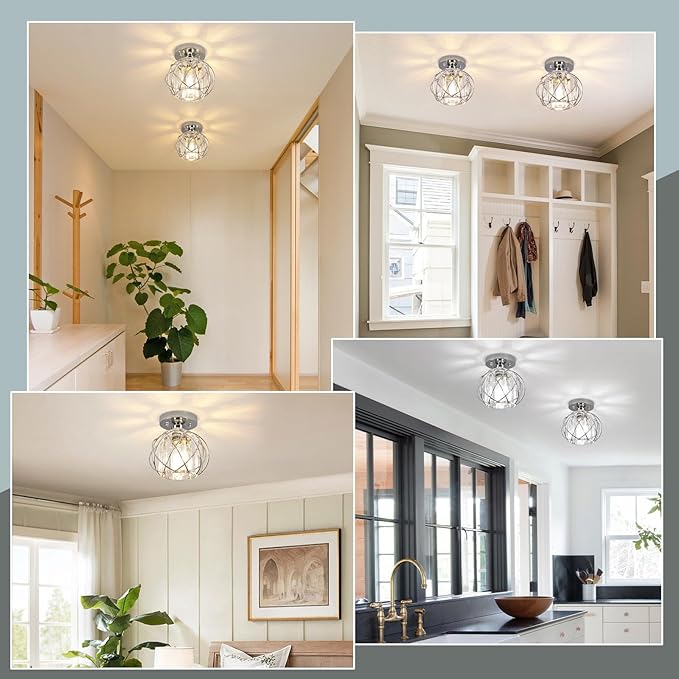 Hallway Light Fixtures Ceiling,Modern Chrome Crystal Ceiling Lights Fixture, Semi Flush Mount E26 Small Hallway Lighting Fixtures Ceiling Light for Porch Entryway Foyer Bathroom