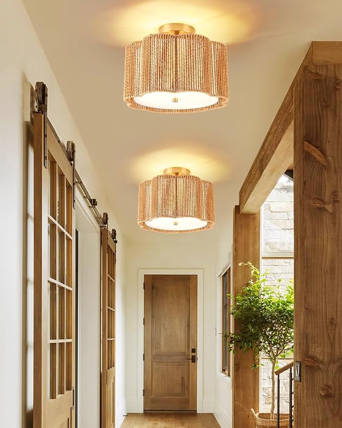 WILON Boho Light Fixture Ceiling Mount, 3-Light Rattan Light Fixture with Fabric Shade, Modern Woven Flower Semi Flush Mount Ceiling Light Fixture for Hallway Entryway Bedroom Nursery Kitchen