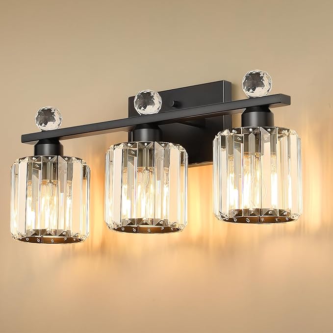 3-Light Black Modern K9 Crystal Vanity Lights, Black Bathroom Light Fixtures Stainless Steel Crystal Vanity Light Fixture