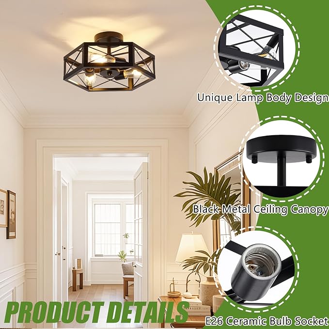 3-Light Kitchen Lighting Fixtures Ceiling Mount, Black Semi Flush Mount Ceiling Light for Dining Room Light Fixture, Farmhouse Close to Ceiling Lights with Hexagon Cage for Bedroom Hallway