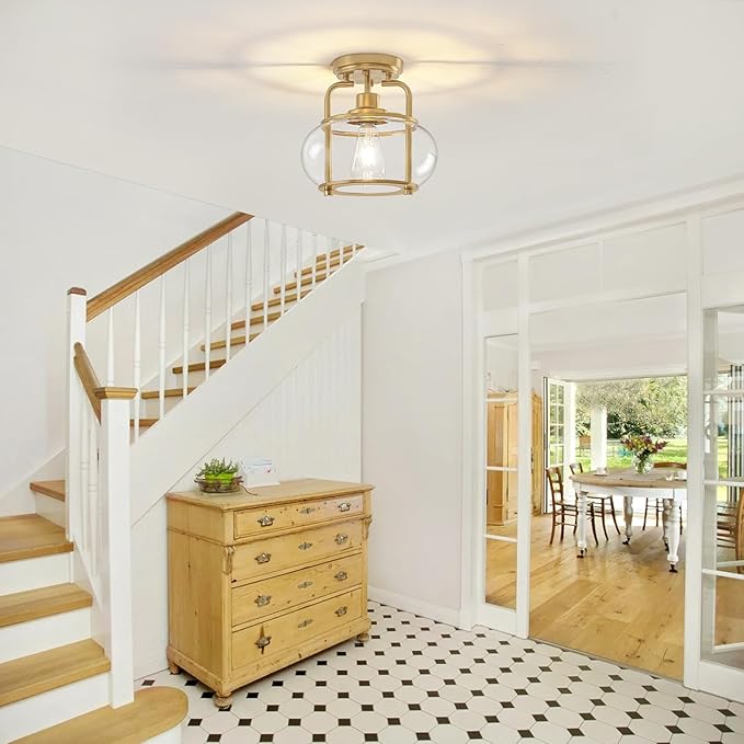 TOULMJ Semi Flush Mount Ceiling Light, Gold Ceiling Light Fixture with Drum Glass Shade, Modern Hallway Light Fixture for Kitchen Dining Room Foyer Entryway Bedroom Laundry Room Bathroom