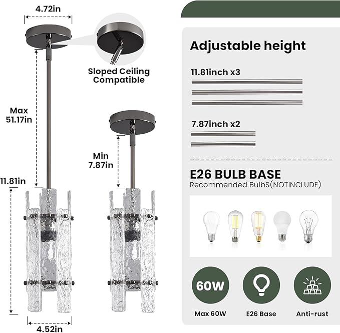 Pearl Black Crystal Pendant Light for Kitchen Island, Luxury Mini Water Ripple Glass Chandelier Fixture, Modern round Adjustable Hanging Pendant Lighting for Dining Room Bathroom Hallway (3-Pack)