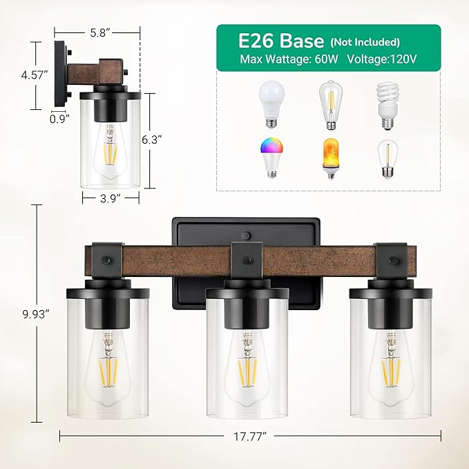 EDISHINE Farmhouse Vanity Lights for Bathroom, 3-Light Bathroom Vanity Lights Over Mirror, Wall Sconce with Clear Glass Shades for Vanity Table, Living Room(E26 Base)