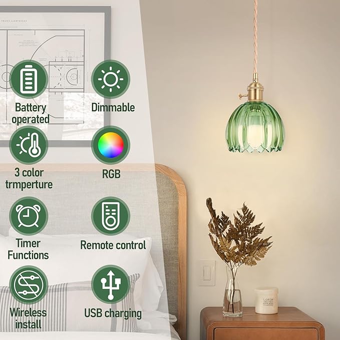 Battery Operated Pendant Light,Mini Hanging Lights 5.1Inch 2500mAh RGB Rechargeable Light Bulb with Remote Control Wireless Adjustable Rechargeable Chandelier for Kitchen Island Hallway