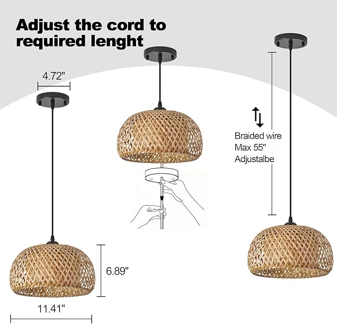 TERLEENART Bamboo Pendant Light,1pcs Boho Round Basket Chandelier Handmade Woven Pendant Light, Natural Bamboo Rattan Hanging Chandelier for Kitchen Island Dining Room Living Room Porch
