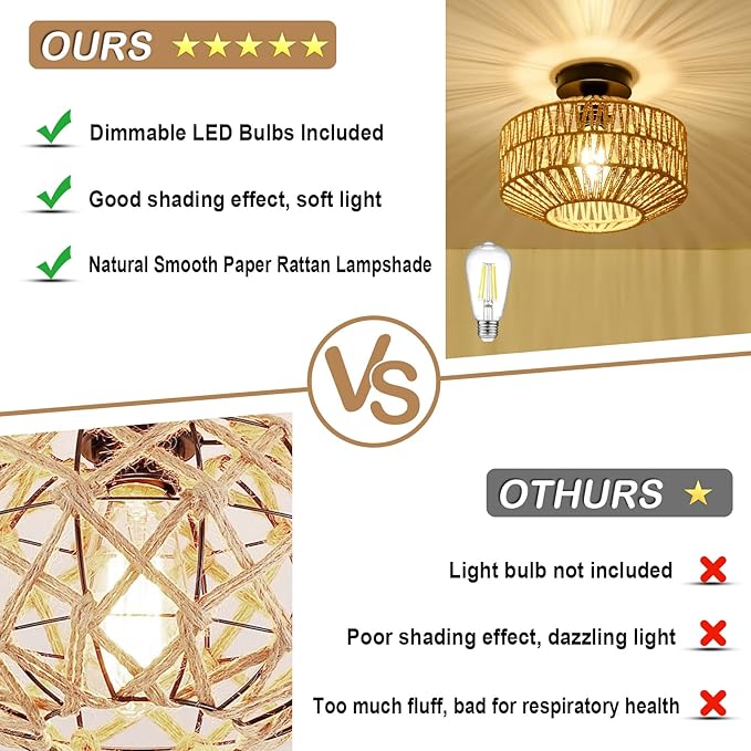 Boho Light Fixtures Ceiling Mount,Mini Rattan Chandelier Light Fixture with Dimmable LED Bulb,Hand Woven Ceiling Light Fixtures Flush Mount for Hallway Bedroom Kitchen Entryway Living Room