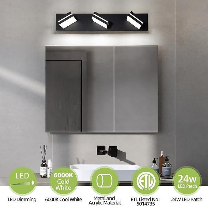 OKELI 3 Light Bathroom Vanity Light Matte Black Modern 24W LED Dimmable Vanity Light Over Mirror 350° Adjustable Lamp Head Cold White 6000K ETL Listed 22Inch