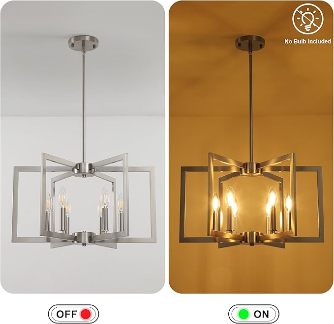 Klgxnrd 6-Light Modern Farmhouse Brushed Nickel Chandelier, Industrial Pendant Lights Kitchen Island, Hanging Dining Room Light Fixture, Metal Geometric Chandelier for Bedroom Hallway Entryway