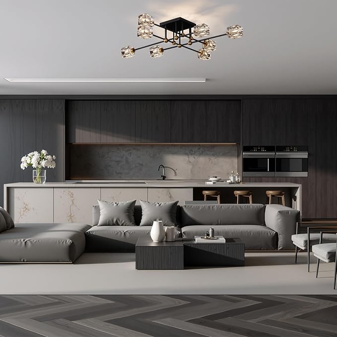 8-Light Crystal Ceiling Light Fixture Black and Gold Semi Flush Mount Ceiling Light Modern Chandeliers for Dining Room Kitchen Island Living Room Bedroom
