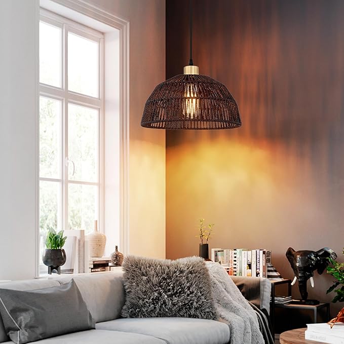 Cinkeda Plug in Pendant Light, Hanging Lights with 15ft Cotton Cord & Stepless Dimming Switch, Handwoven Hemp Rope Lampshade, Black Rattan Lamp for Dining Room,Hallway