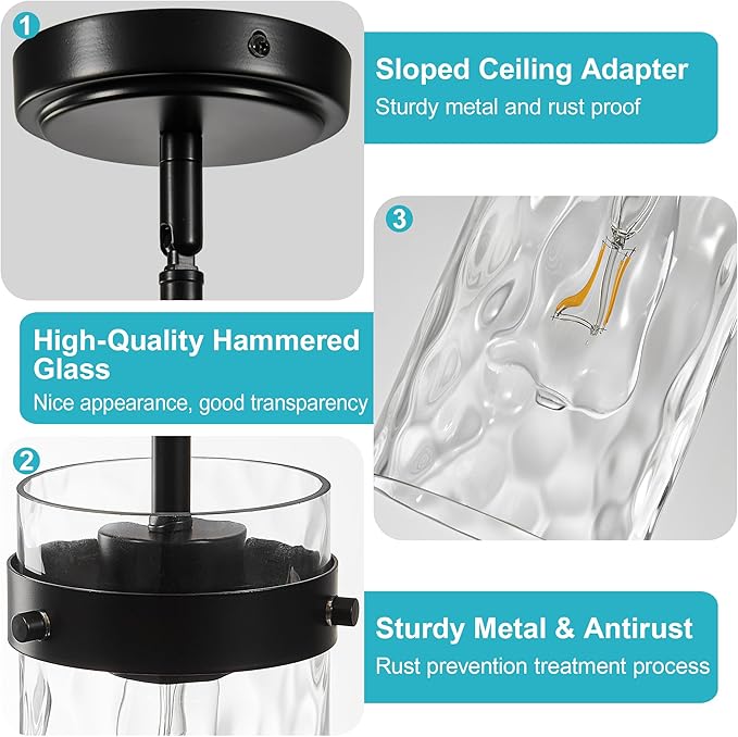 4.72" Hammered Glass Pendant Lighting for Kitchen Island 2 Pack, Modern Black Pendant Light Fixtures, Adjustable Ceiling Pendant Light for Kitchen Island Dining Room Bedroom Hallway